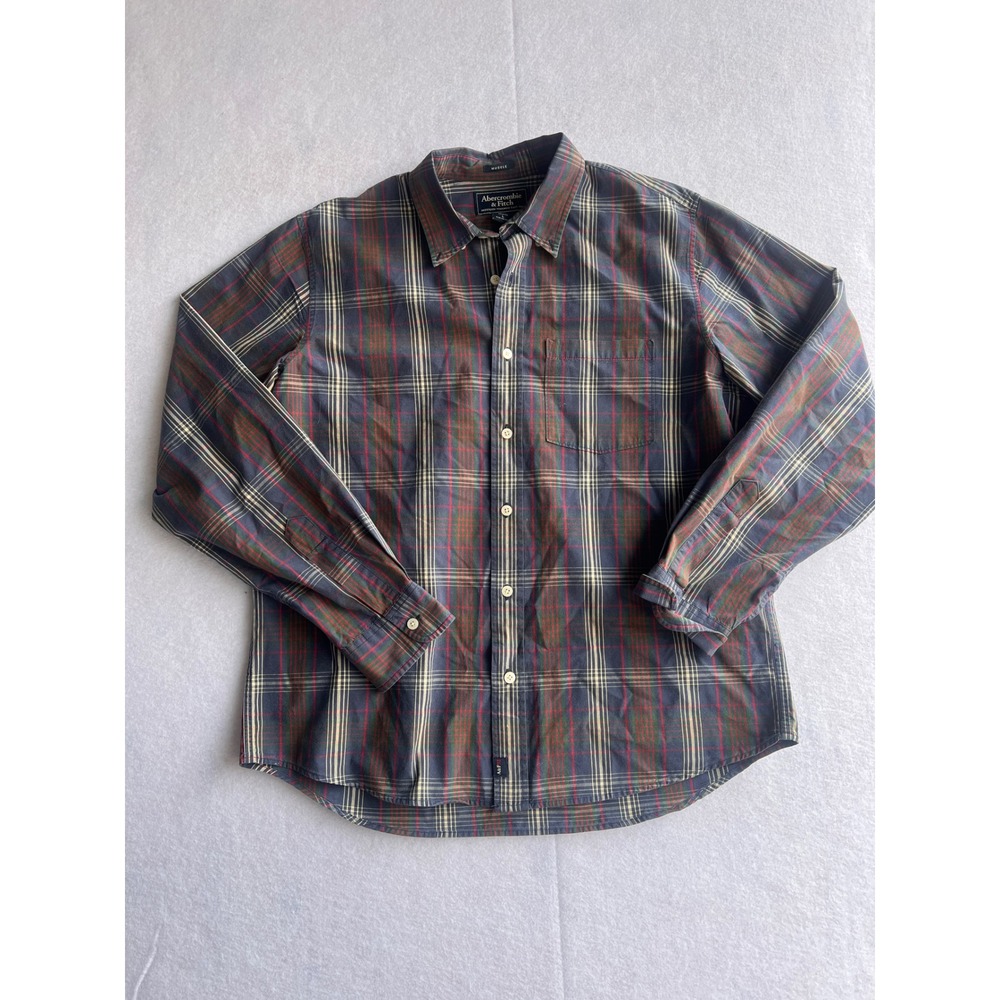 Abercrombie & Fitch Mens Muscle Fit Plaid Button Down Shirt Navy Green Red Large